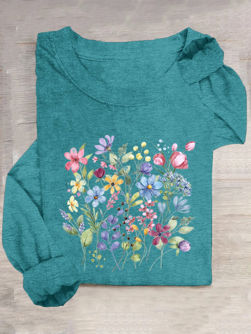 Crew Neck Casual Cotton-Blend Floral T-Shirt