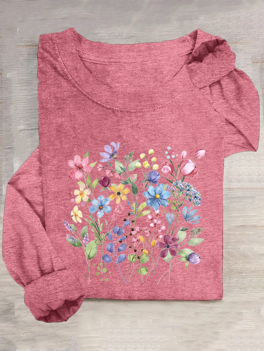 Crew Neck Casual Cotton-Blend Floral T-Shirt