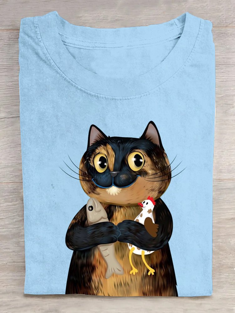 Casual Crew Neck Cotton Cat T-Shirt