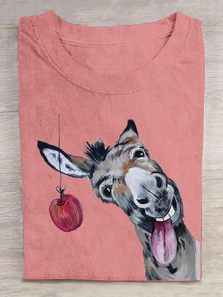 Funny Horse Eat Apple Printed Loose T-Shirt