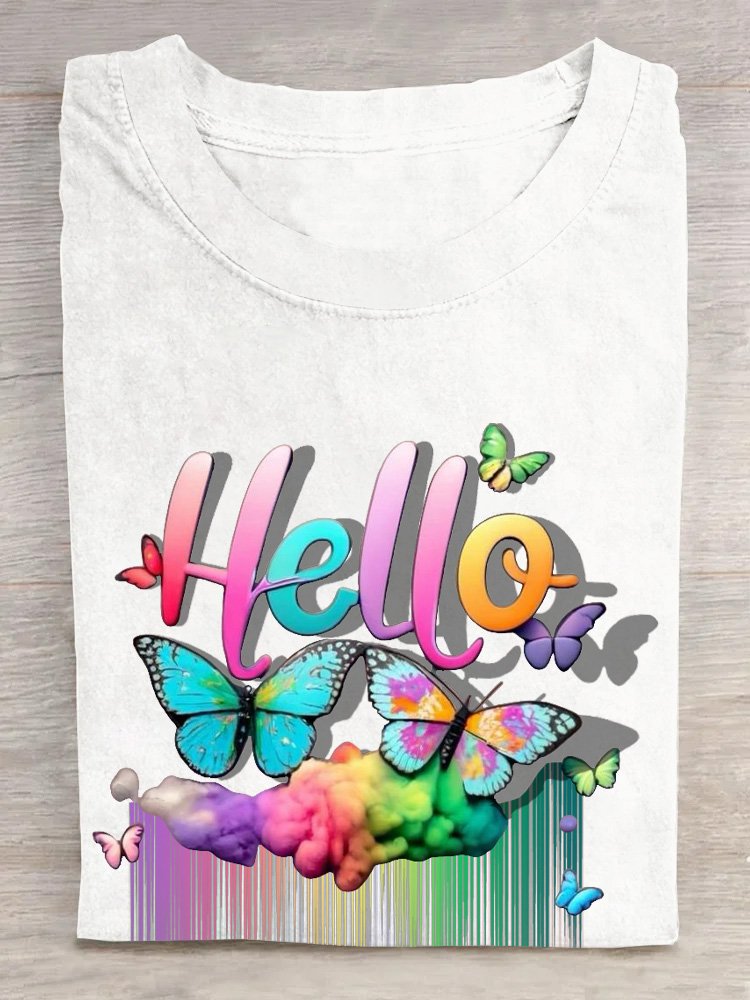 Cotton Casual Butterfly Rainbow  T-Shirt