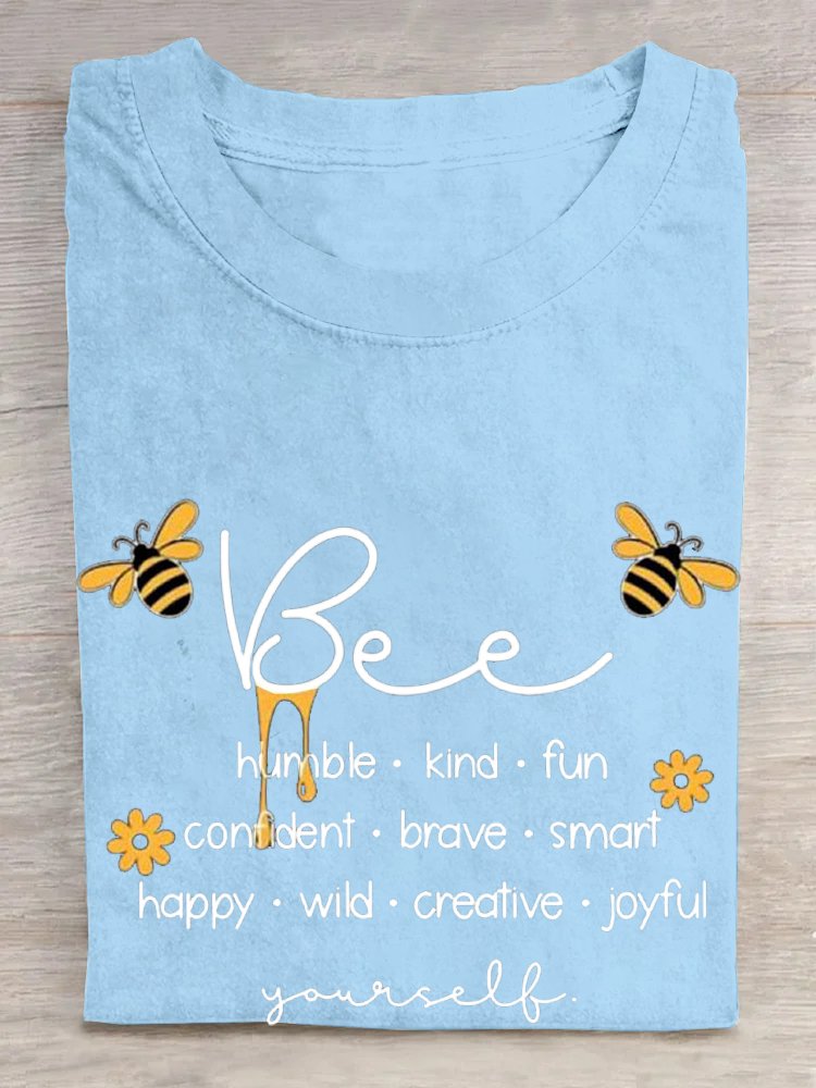 Cotton Casual Crew Neck Bee Letter Pattern T-Shirt