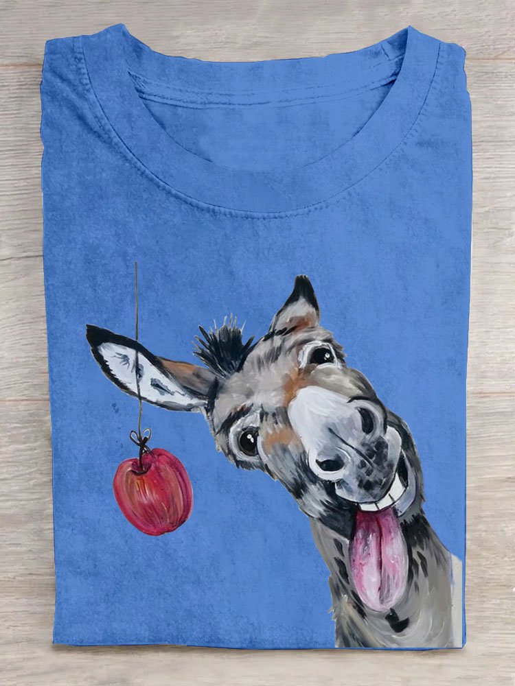 Funny Horse Eat Apple Printed Loose T-Shirt