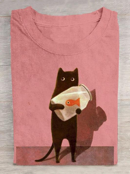 Cat Holding Goldfish Bowl Art Design T-Shirt