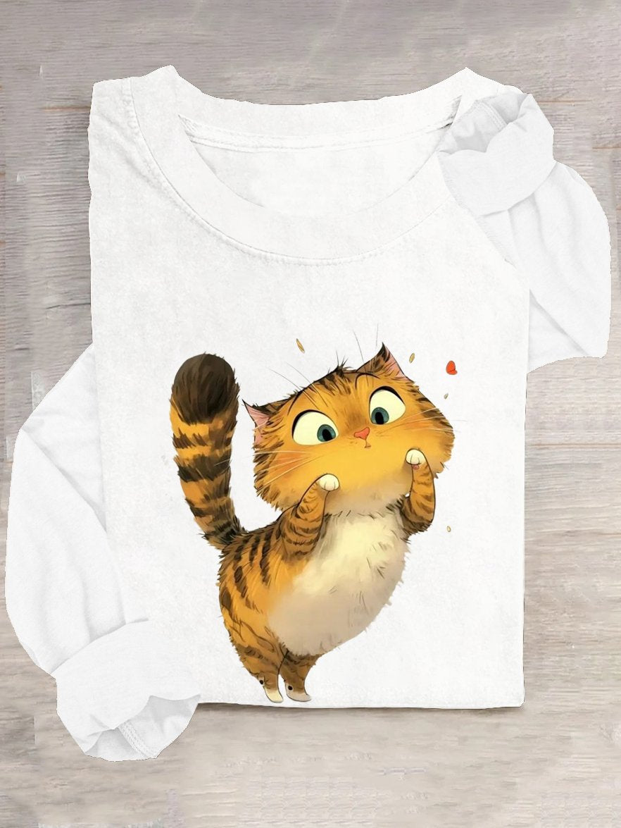 Cotton-Blend Crew Neck Casual Cat T-Shirt