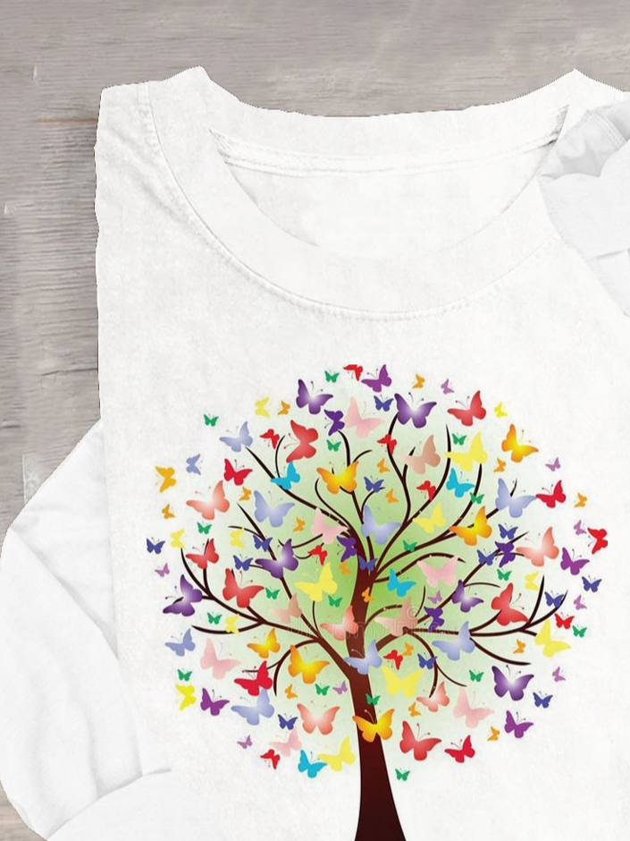 Casual Butterfly & Tree Printed Cotton-Blend T-Shirt