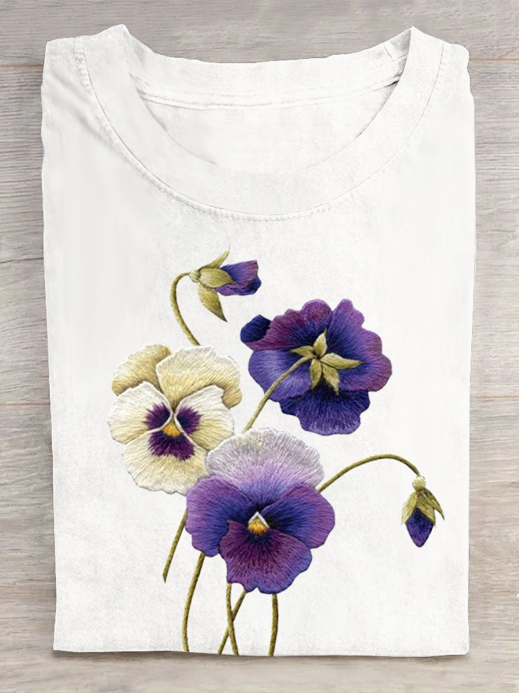 Floral Cotton Crew Neck Casual T-Shirt