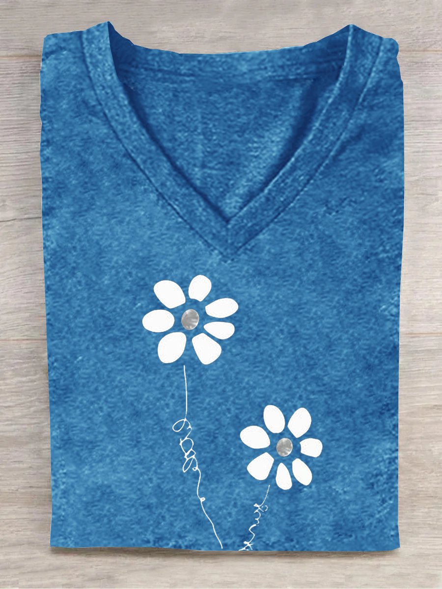 Loose Floral Casual V Neck T-Shirt