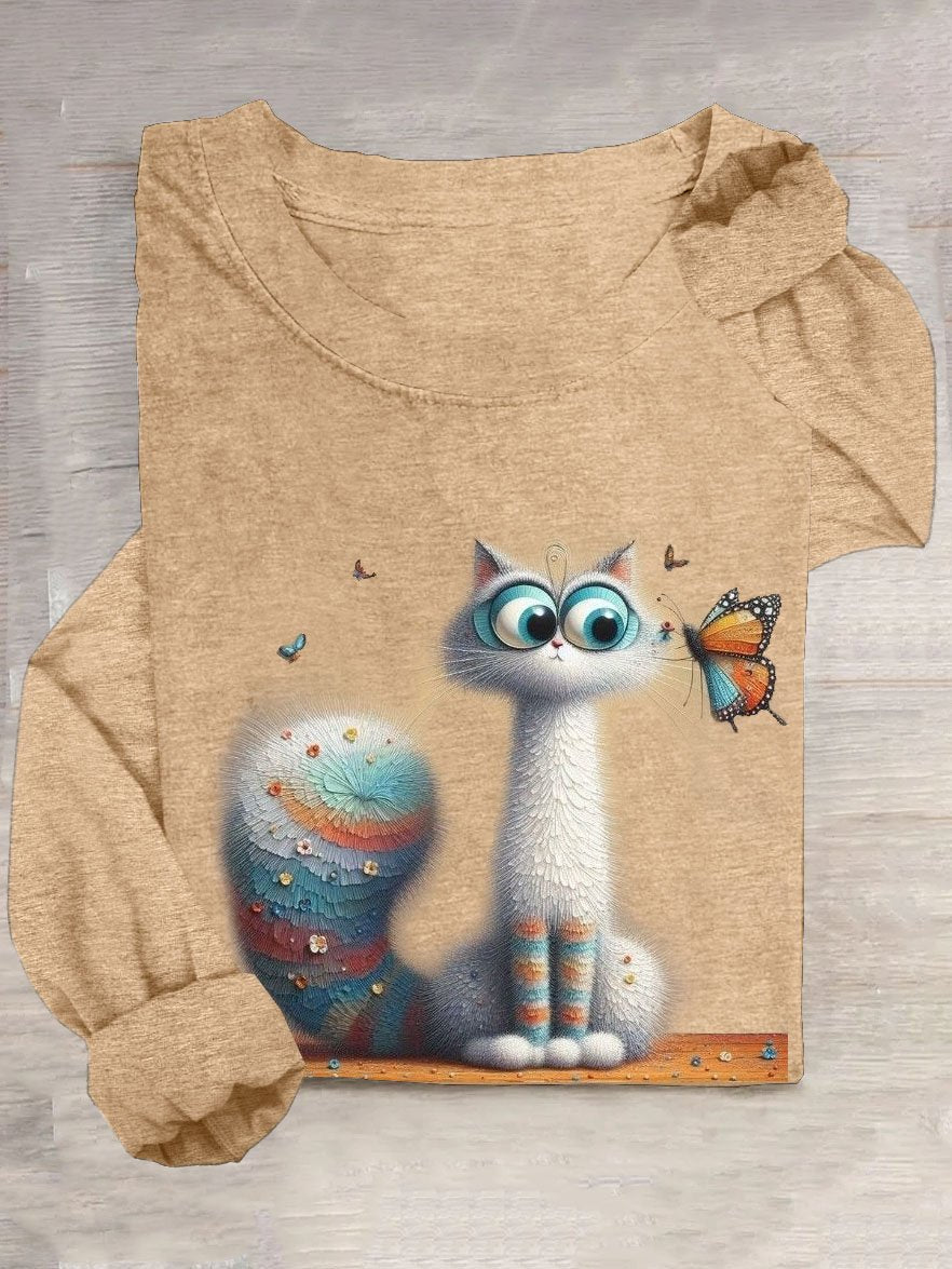 Butterfly & Cat Printed Casual Cotton-Blend T-Shirt