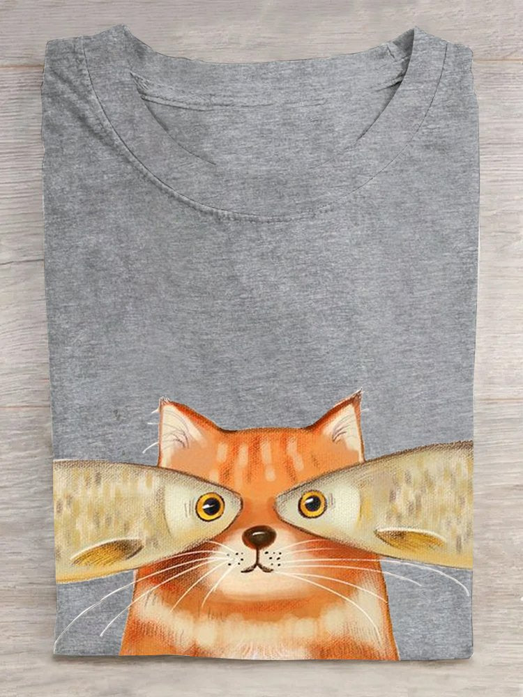 Crew Neck Loose Cat Casual T-Shirt