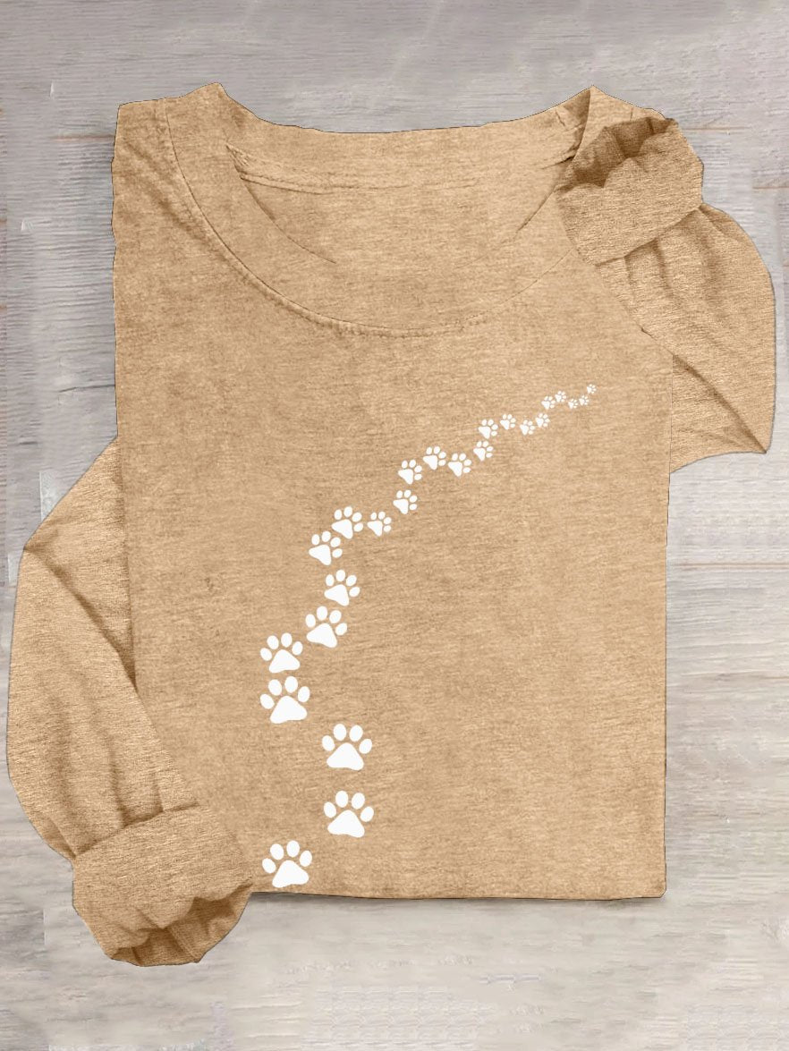 Funny Dog Footprint Pattern Casual Crew Neck Long Sleeve T-Shirt