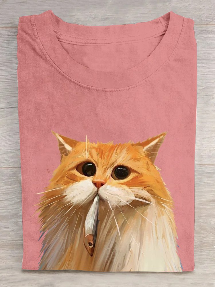 FUNNY CAT AND FISH ART PRINT CASUAL T-SHIRT