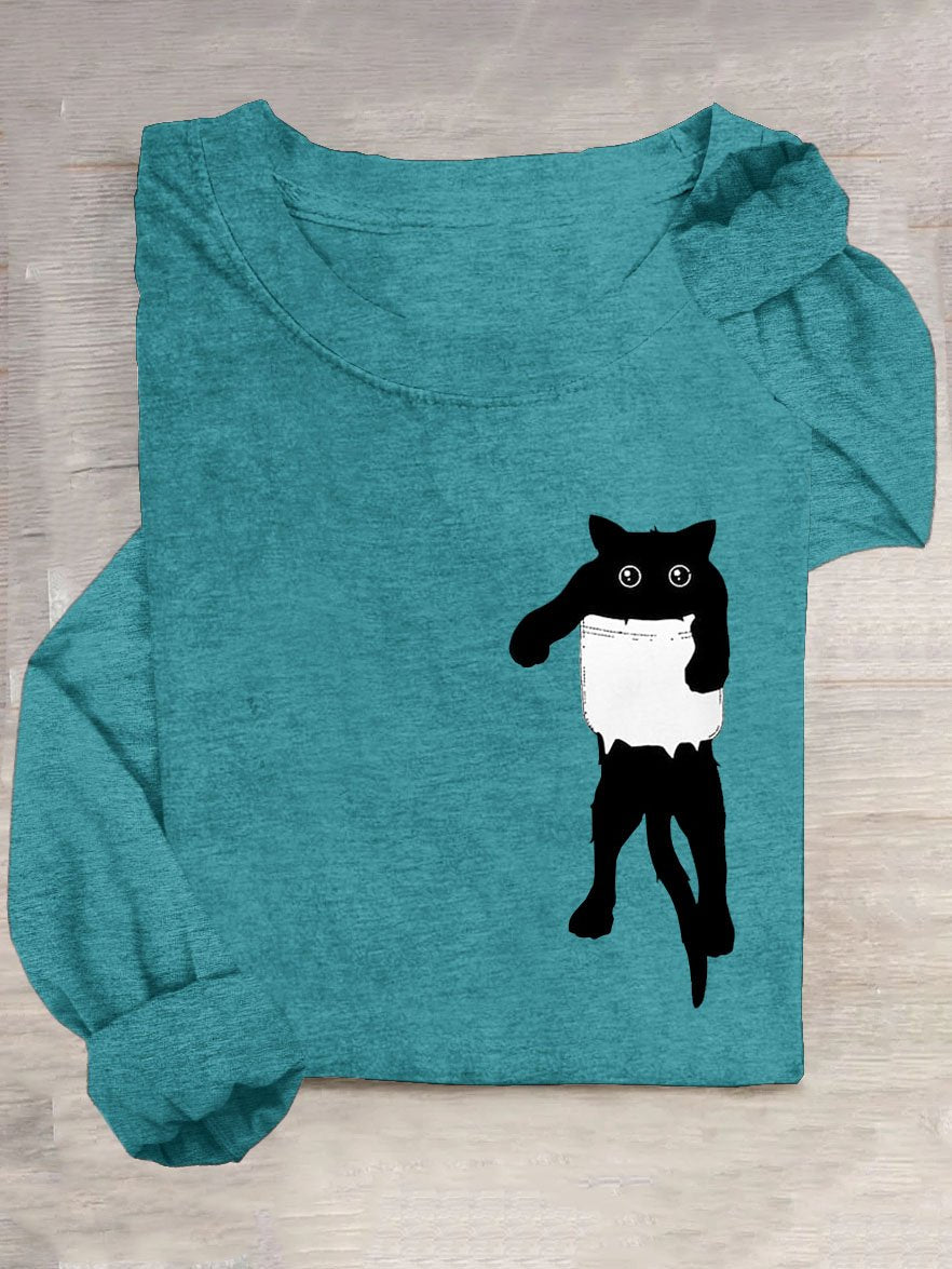 Cat Printed Casual Crew Neck T-Shirt