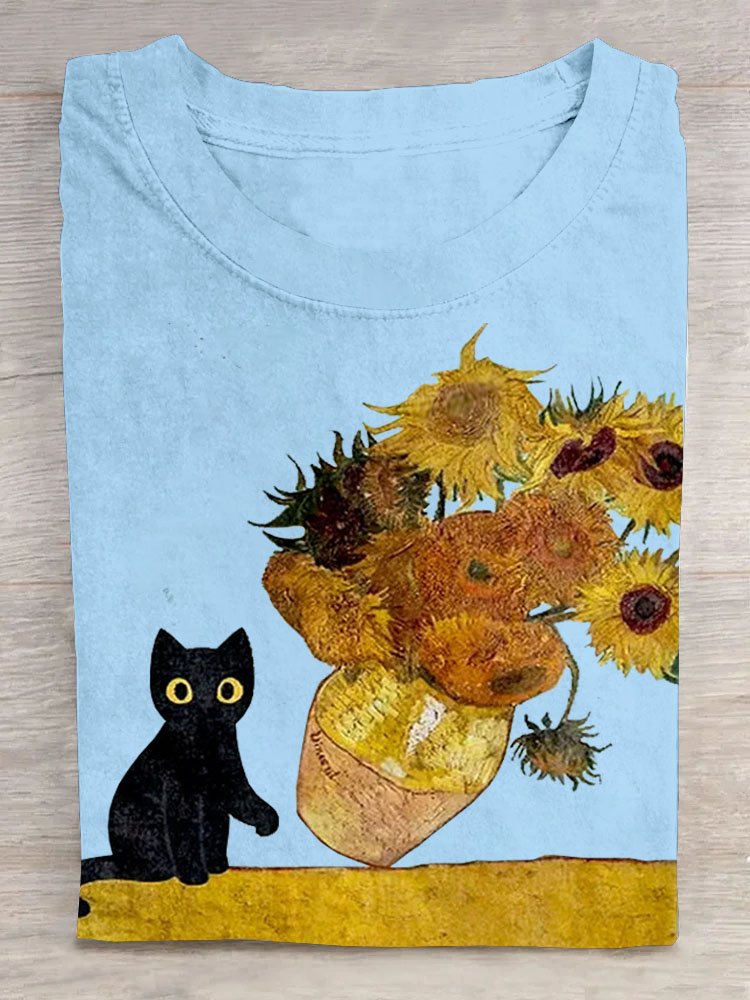 Floral & Cat Prited T-Shirt