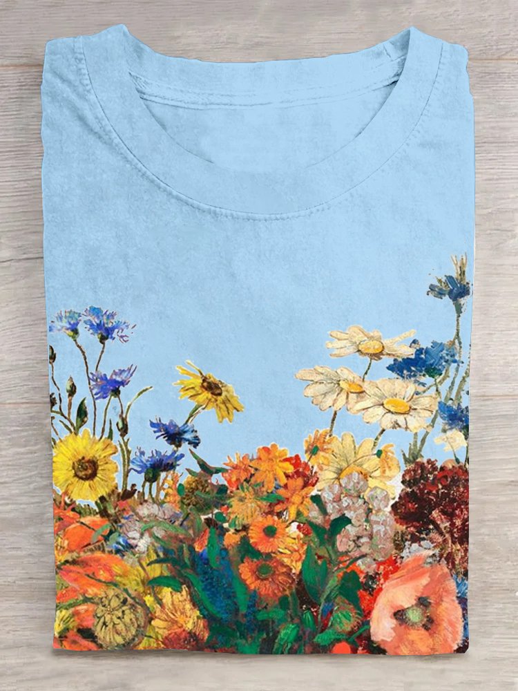 Loose Floral Cotton Casual T-Shirt