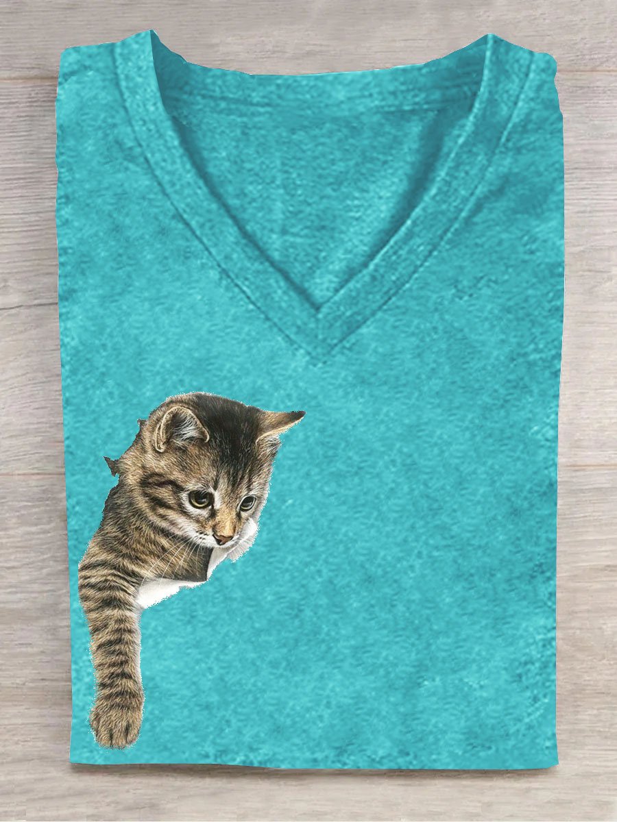 Casual V Neck Cat Cotton T-Shirt