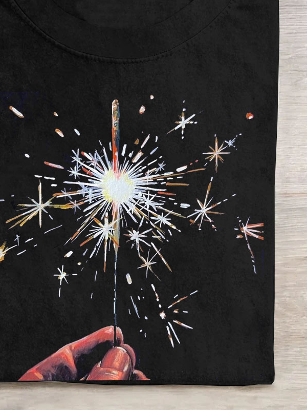 Funny Fireworks Printed Casual Crew Neck T-Shirt