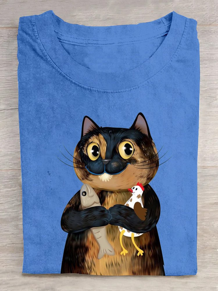 Casual Crew Neck Cotton Cat T-Shirt