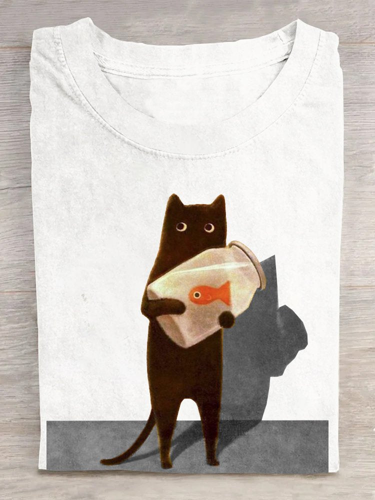 Cat Holding Goldfish Bowl Art Design T-Shirt