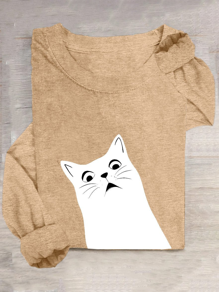 Casual Cat Loose Cotton-Blend T-Shirt