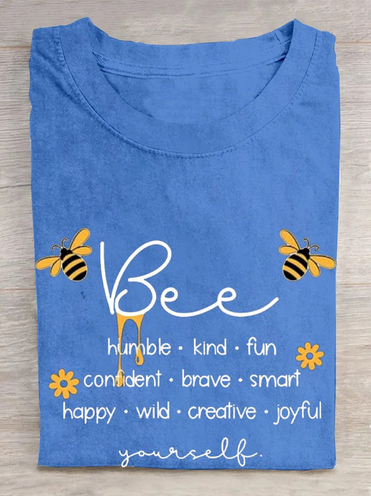 Cotton Casual Crew Neck Bee Letter Pattern T-Shirt