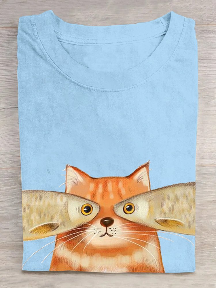 Crew Neck Loose Cat Casual T-Shirt