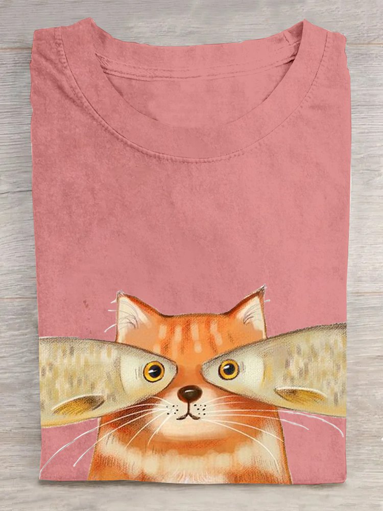 Crew Neck Loose Cat Casual T-Shirt