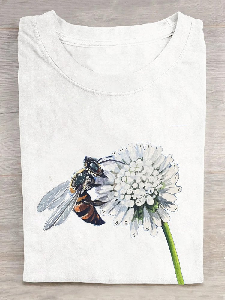 Floral Bee Casual Crew Neck T-Shirt