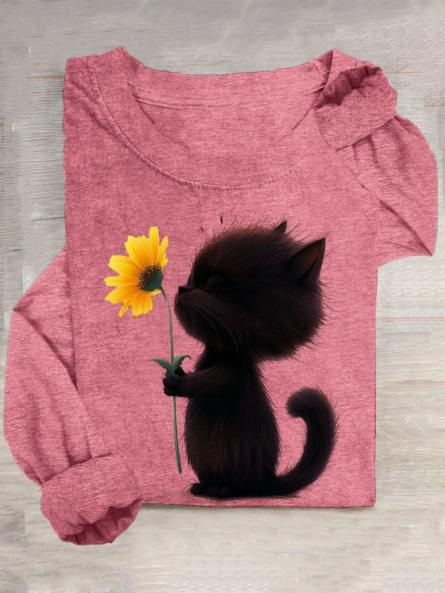 Floral & Cat Printed Casual Crew Neck T-Shirt