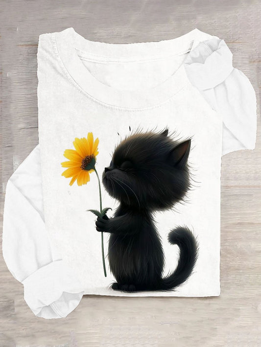 Floral & Cat Printed Casual Crew Neck T-Shirt