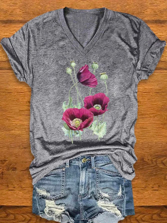 V Neck Casual Knitted Floral T-Shirt