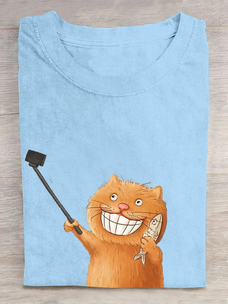 Cotton Crew Neck Cat Casual T-Shirt