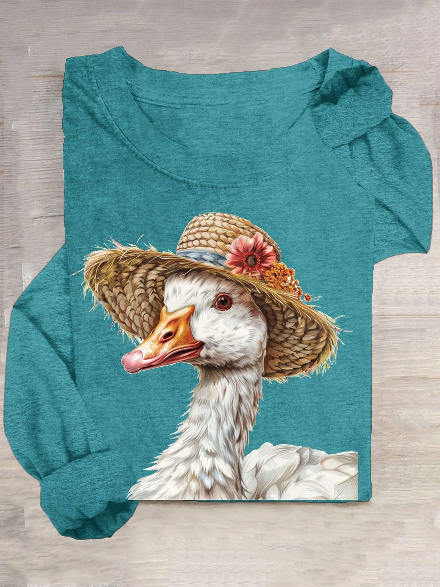 Funny Duck Art Printed Casual Crew Neck Long Sleeve T-Shirt