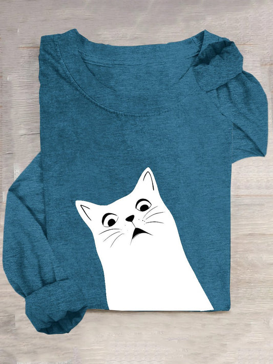 Casual Cat Loose Cotton-Blend T-Shirt