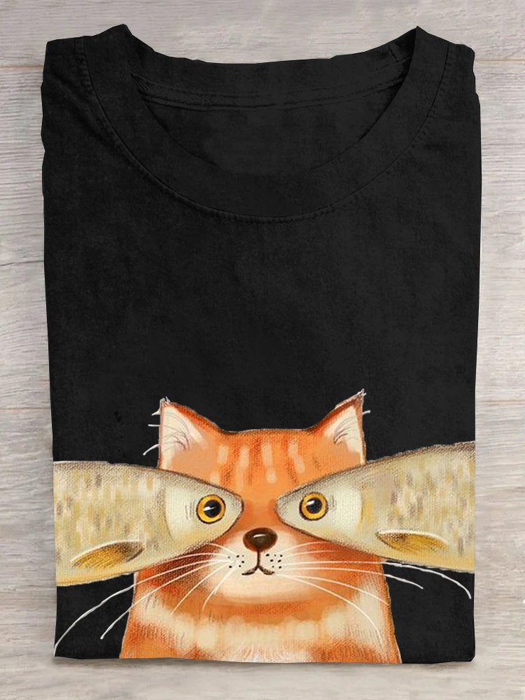 Crew Neck Loose Cat Casual T-Shirt