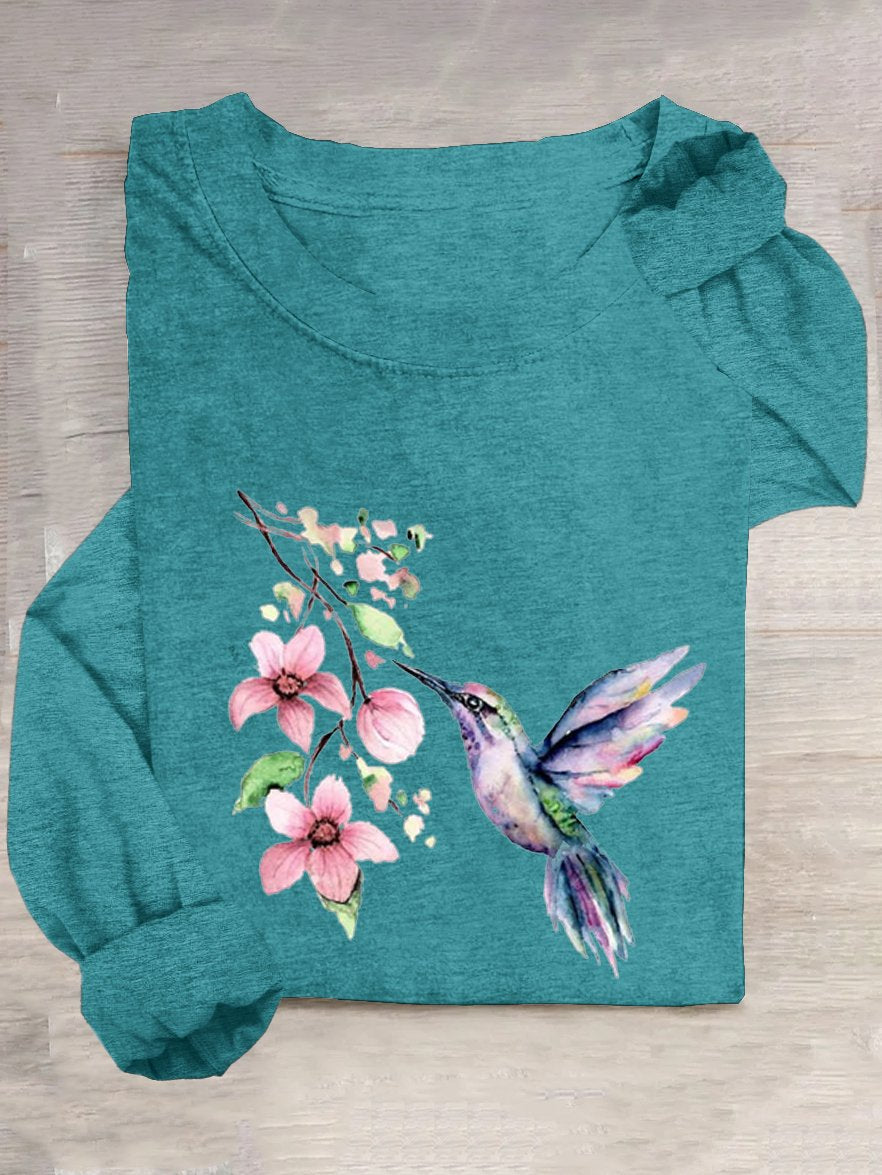 Casual Cotton-Blend Bird T-Shirt