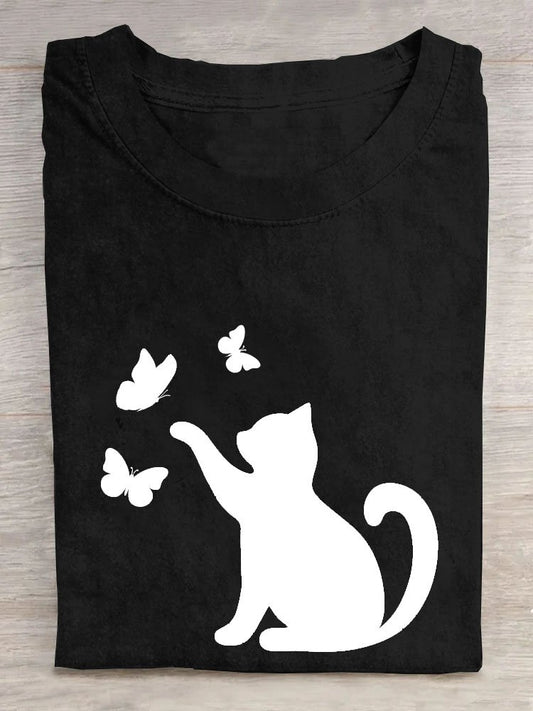 Casual Summer Cat Short Sleeve Loose Crew Neck T-shirt