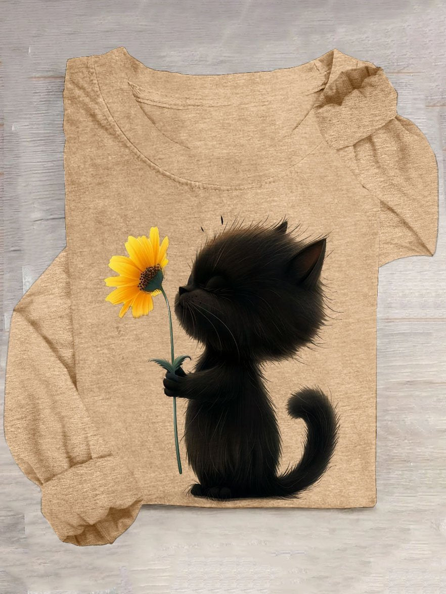 Floral & Cat Printed Casual Crew Neck T-Shirt