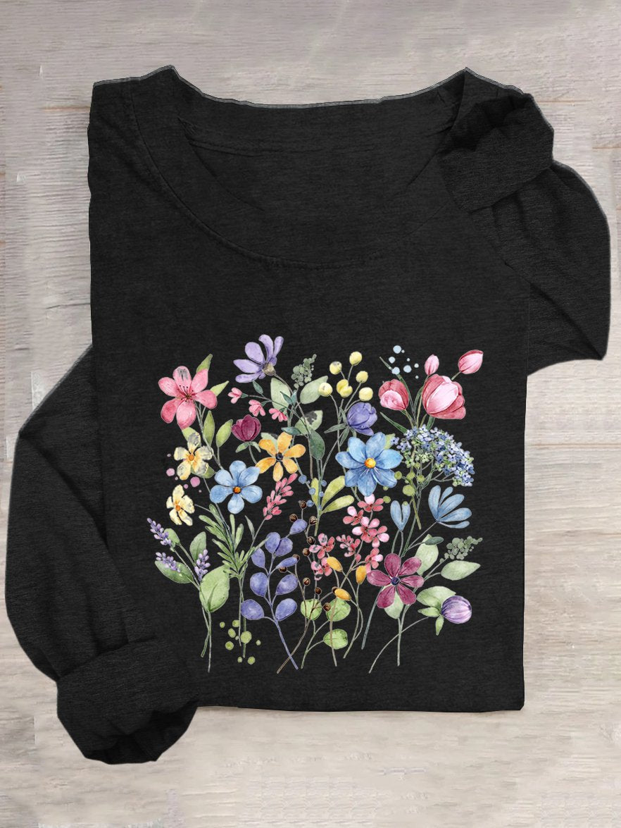 Crew Neck Casual Cotton-Blend Floral T-Shirt