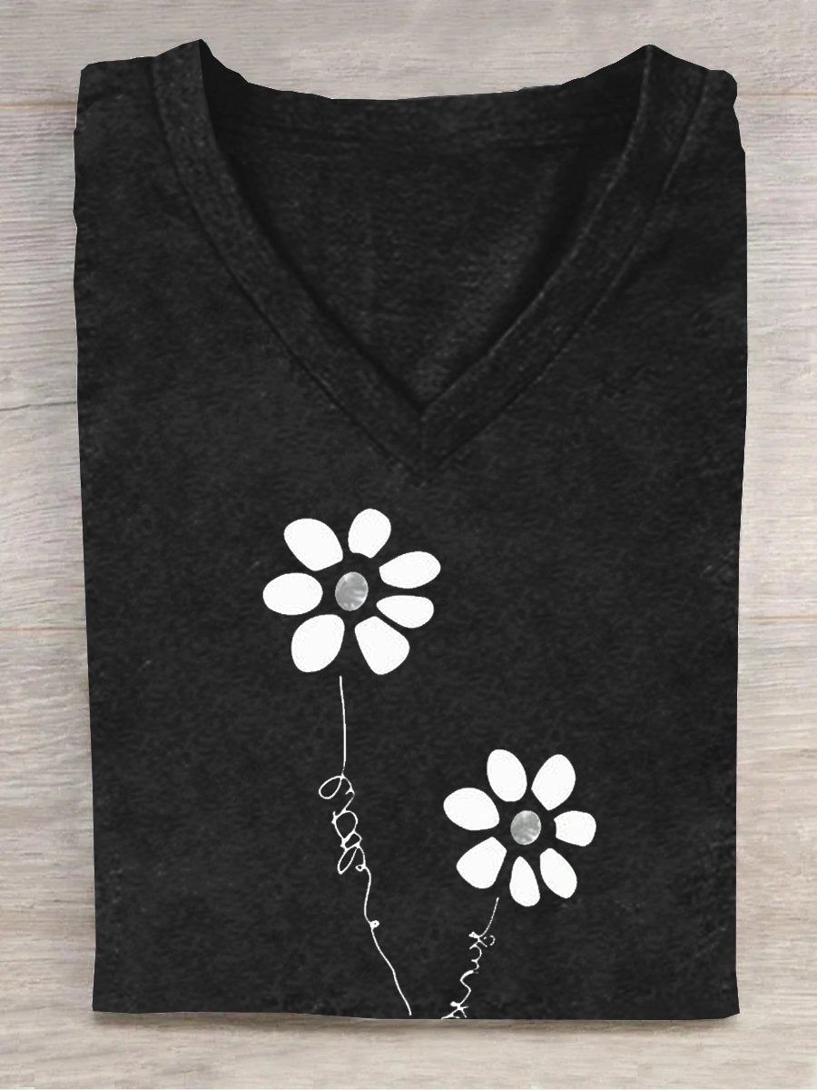 Loose Floral Casual V Neck T-Shirt